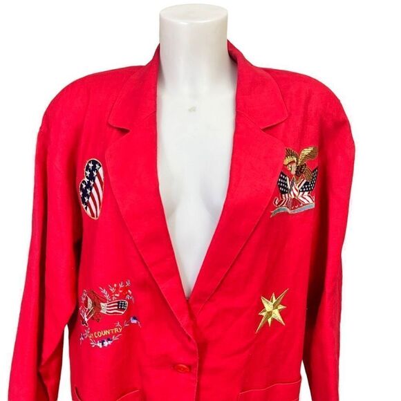 ADAM DOUGLASS Red Vintage Linen Blazer Patriotic My‎ Country Flag Embroidery XL - Picture 2 of 9